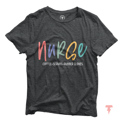Dark gray nurse T-shirt with colorful 'Coffee Scrubs Rubber Gloves' print, soft cotton, perfect nurse gift.
