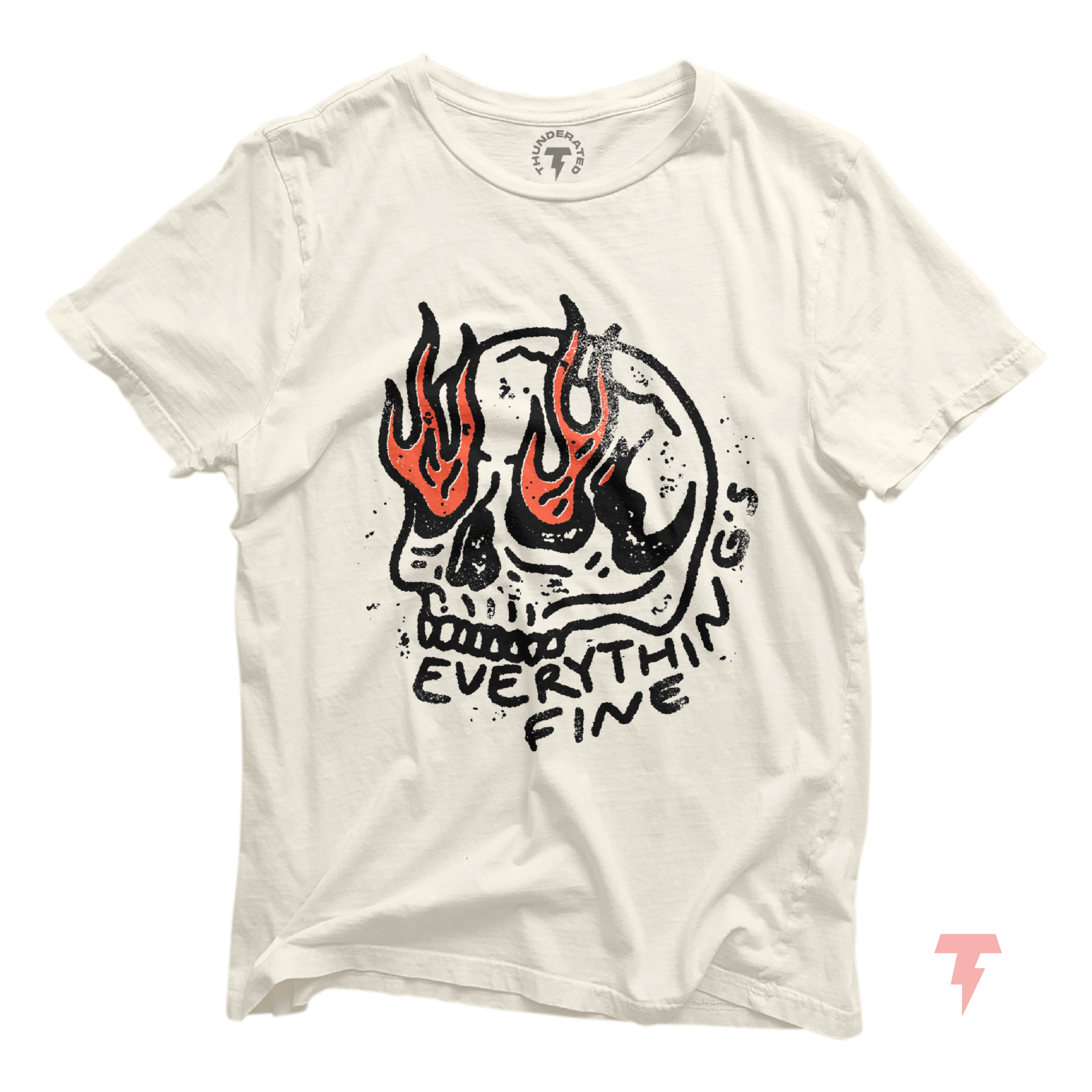 a white t - shirt with a skull and flames on it