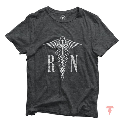RN Caduceus T-shirt for Registered Nurses, lightweight cotton, ideal for graduation gifts.