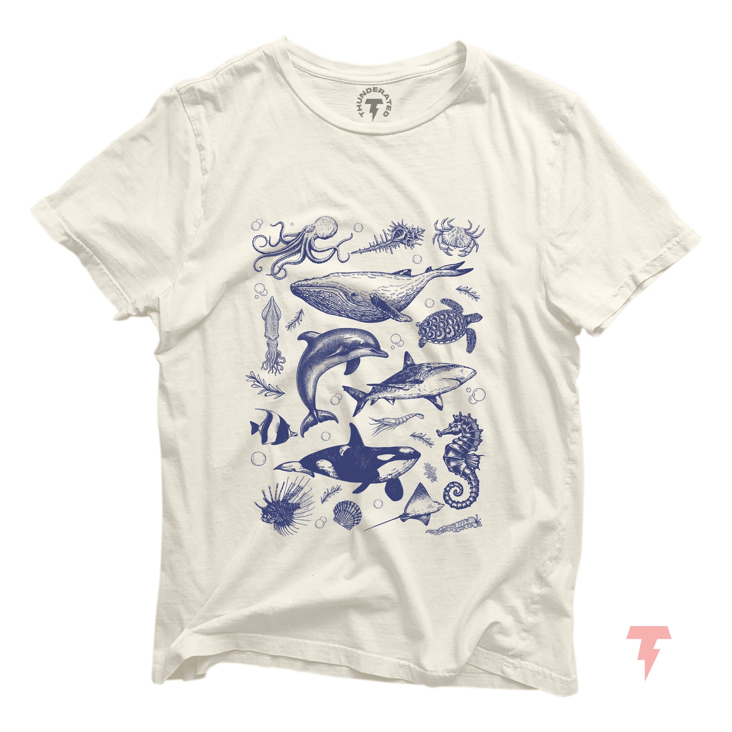 Vintage ocean wildlife shirt with illustrations of orcas, whales, dolphins, and sharks. Sea life animals on a white tee.
