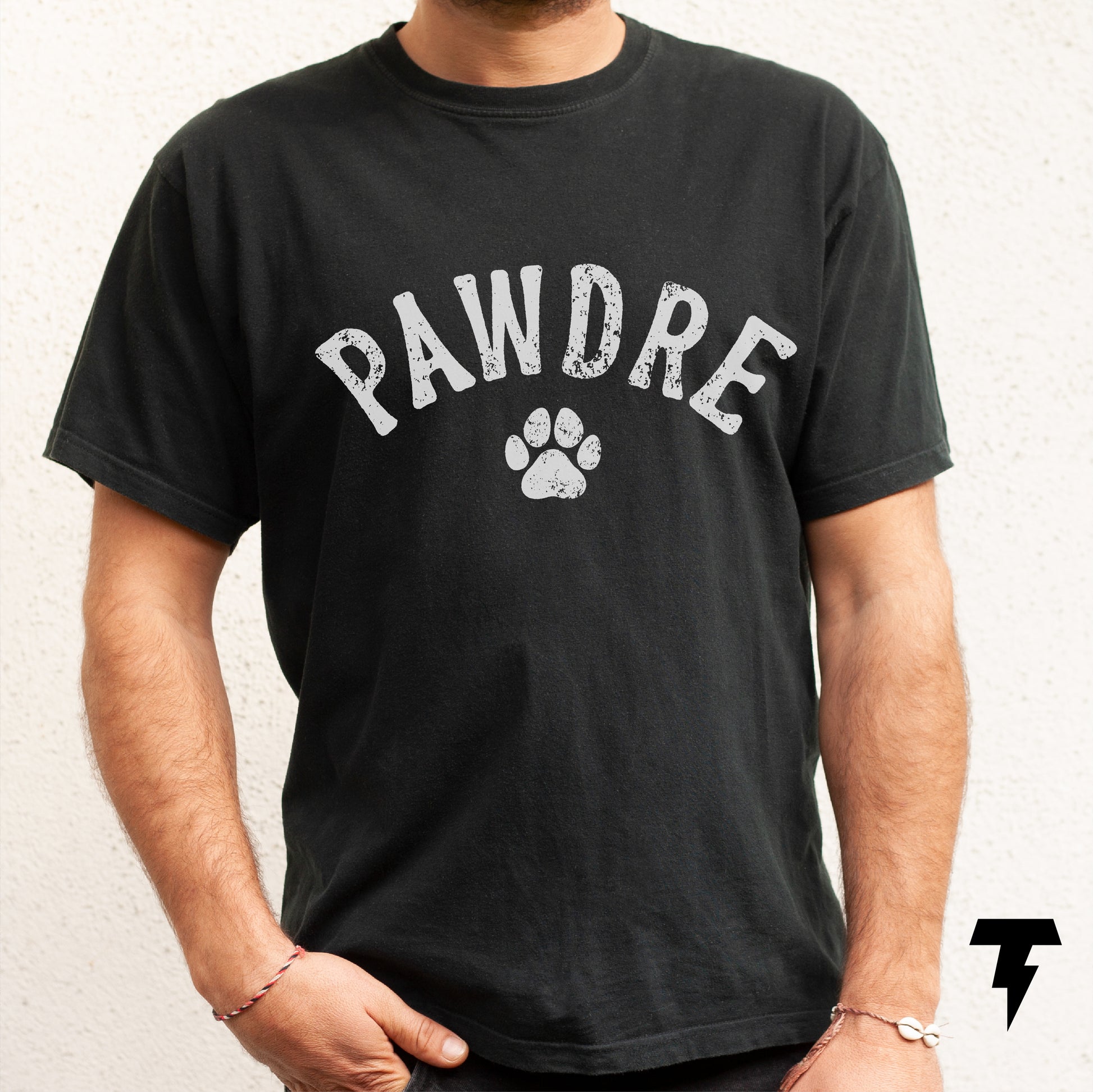 Man wearing black 'Pawdre' dog dad shirt, perfect funny gift for dog lovers, featuring soft cotton and classic design.