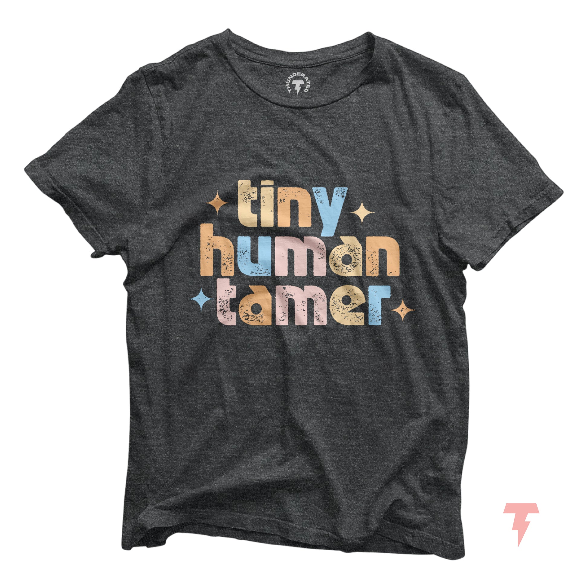Tiny Human Tamer Shirt for teachers, featuring a colorful design on a dark cotton tee, perfect for pre-k, kindergarten, and daycare.