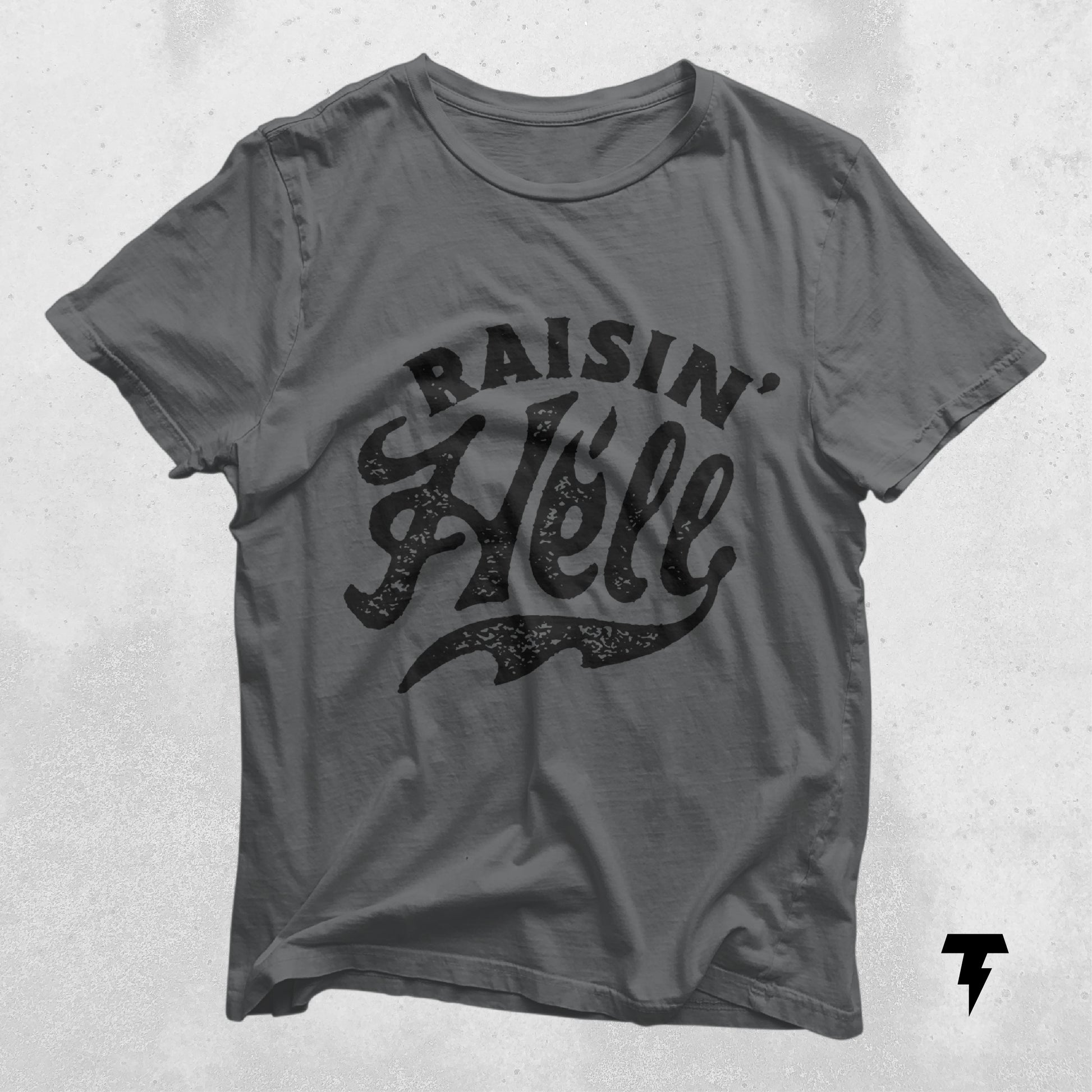 Raising Hell T-Shirt in gray with bold text, perfect for outspoken individuals, made from lightweight cotton with a retail fit.