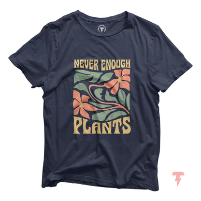 "Never Enough Plants" black t-shirt with floral design, ideal for plant lovers and gardening enthusiasts.