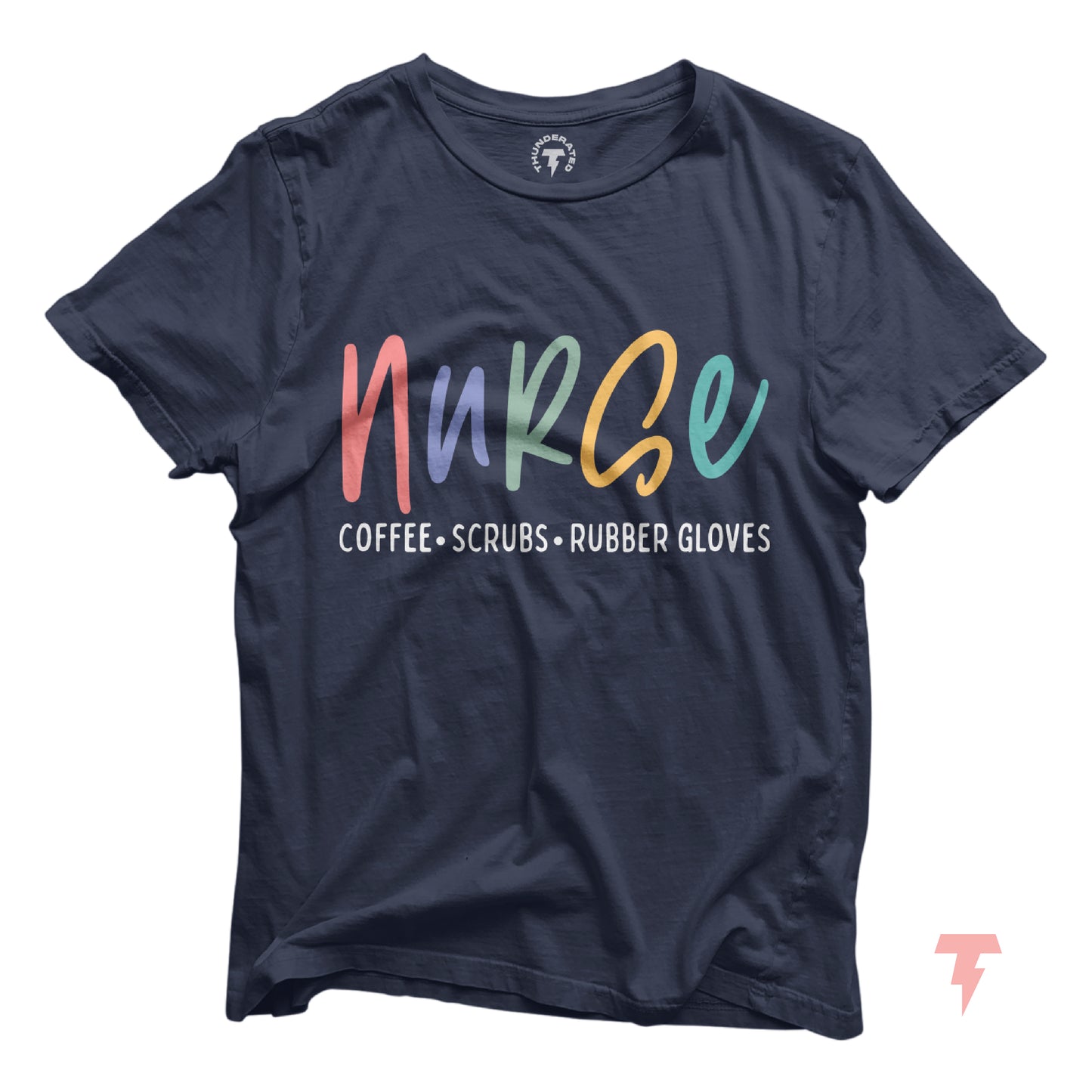Funny nurse T-shirt in dark color with 'Nurse Coffee Scrubs Rubber Gloves' print, perfect for nursing school or as a nurse gift.