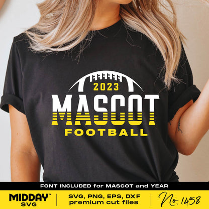 Customizable football team t-shirt with "2023 Mascot Football" text, available in SVG, PNG, EPS, DXF formats for personalization.