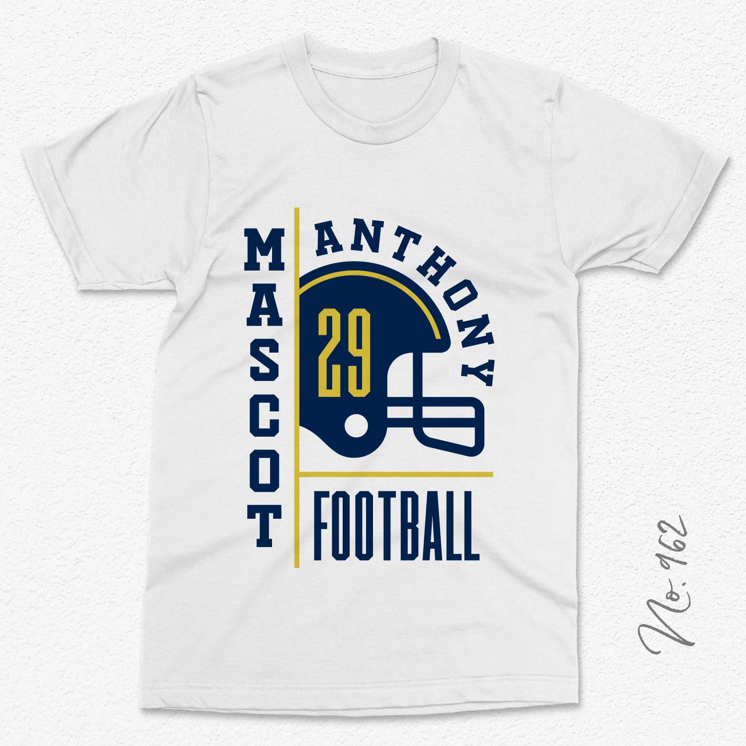 Football t-shirt featuring customizable team and player design with helmet graphic and text "Mascot Anthony Football 29."