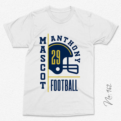 Football t-shirt featuring customizable team and player design with helmet graphic and text "Mascot Anthony Football 29."
