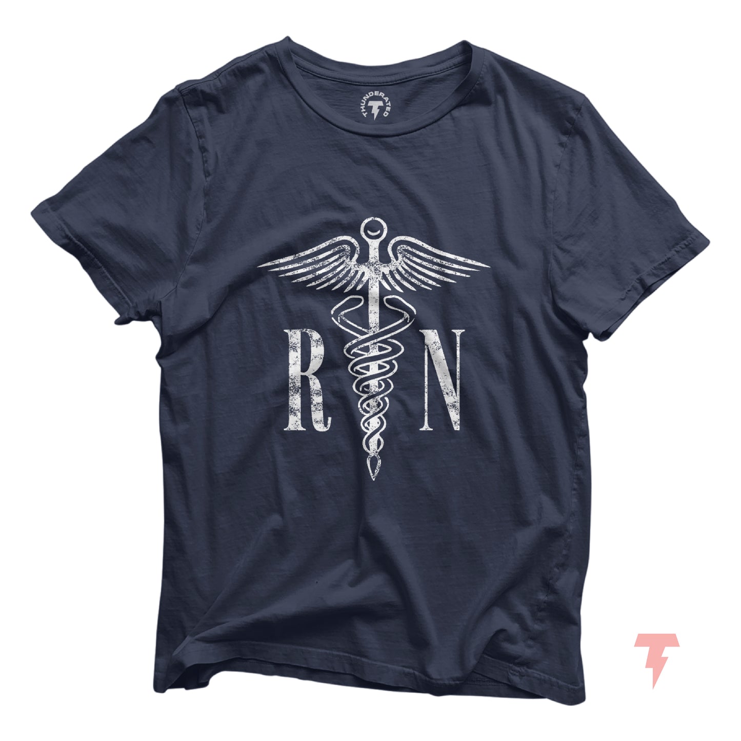 Navy blue RN T-shirt with medical caduceus symbol, ideal for registered nurses, made of lightweight breathable cotton