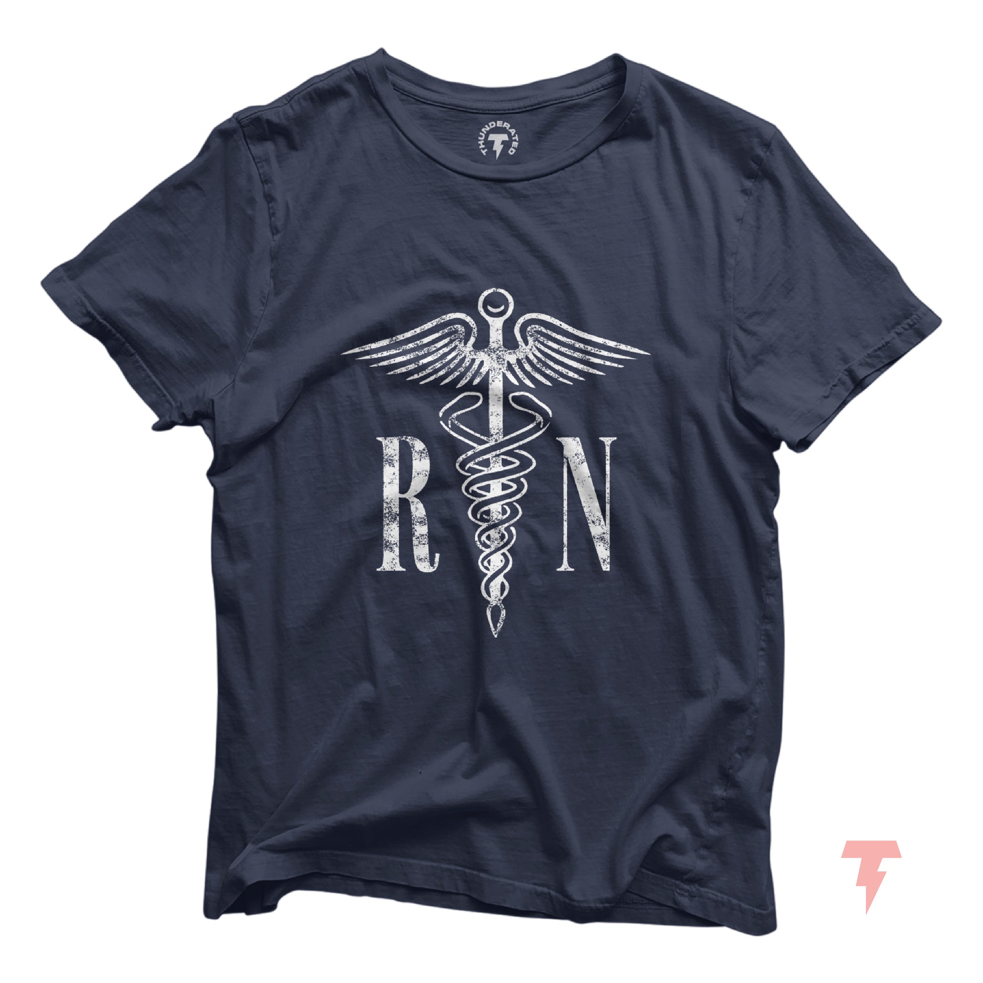 Navy blue RN T-shirt with medical caduceus symbol, ideal for registered nurses, made of lightweight breathable cotton