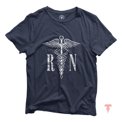 Navy blue RN T-shirt with medical caduceus symbol, ideal for registered nurses, made of lightweight breathable cotton