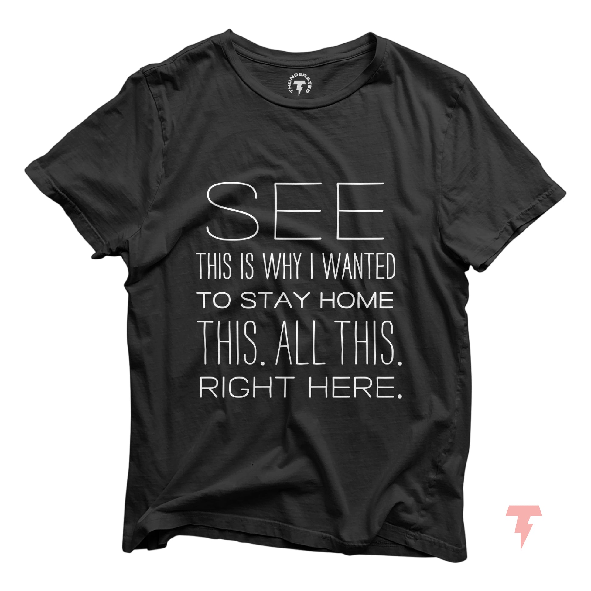 Black t-shirt with 'See This Is Why I Wanted To Stay Home This. All This. Right Here.' printed in white letters, funny graphic tee.