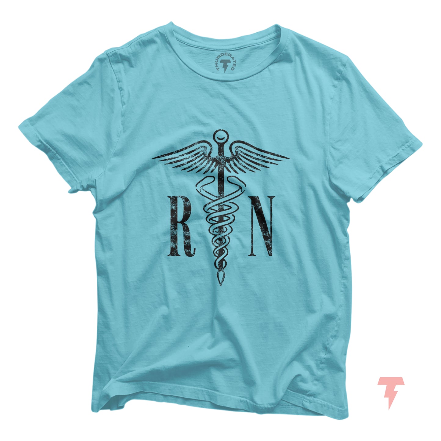 Light blue RN t-shirt with medical caduceus symbol, made for registered nurses, suitable as a casual or graduation gift.