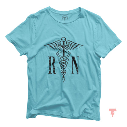 Light blue RN t-shirt with medical caduceus symbol, made for registered nurses, suitable as a casual or graduation gift.