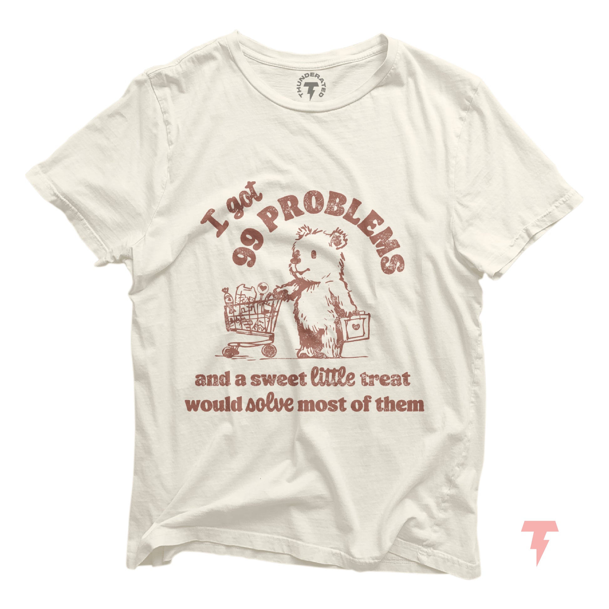 Vintage t-shirt with retro design, "99 Problems and a Sweet Little Treat," featuring a cute bear with grocery cart, unisex style.