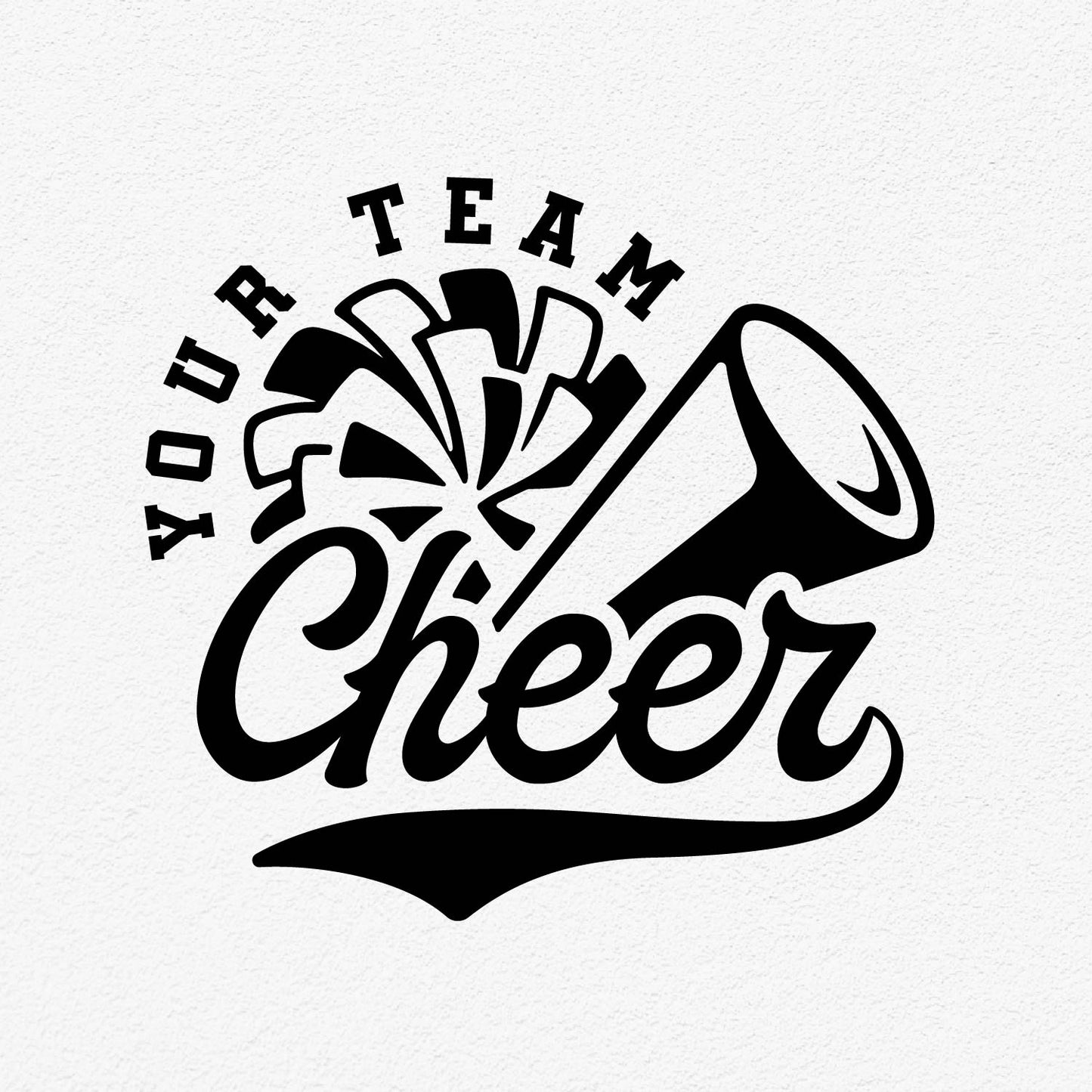Customizable cheer team SVG design featuring megaphone, pom poms, and 'Your Team Cheer' text for spirit-themed projects.