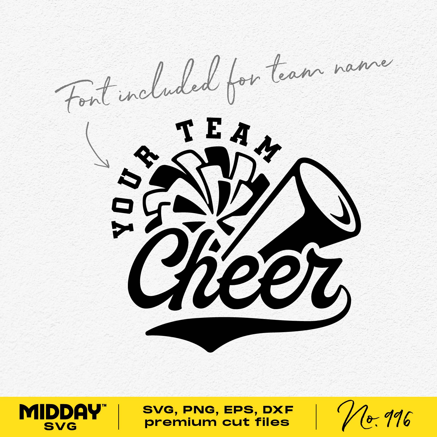Customizable cheer team template with megaphone and pom poms, includes .otf font for team name in SVG, PNG, EPS, DXF formats.