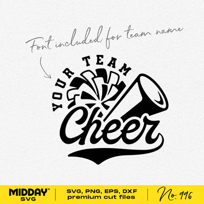 Customizable cheer team template with megaphone and pom poms, includes .otf font for team name in SVG, PNG, EPS, DXF formats.