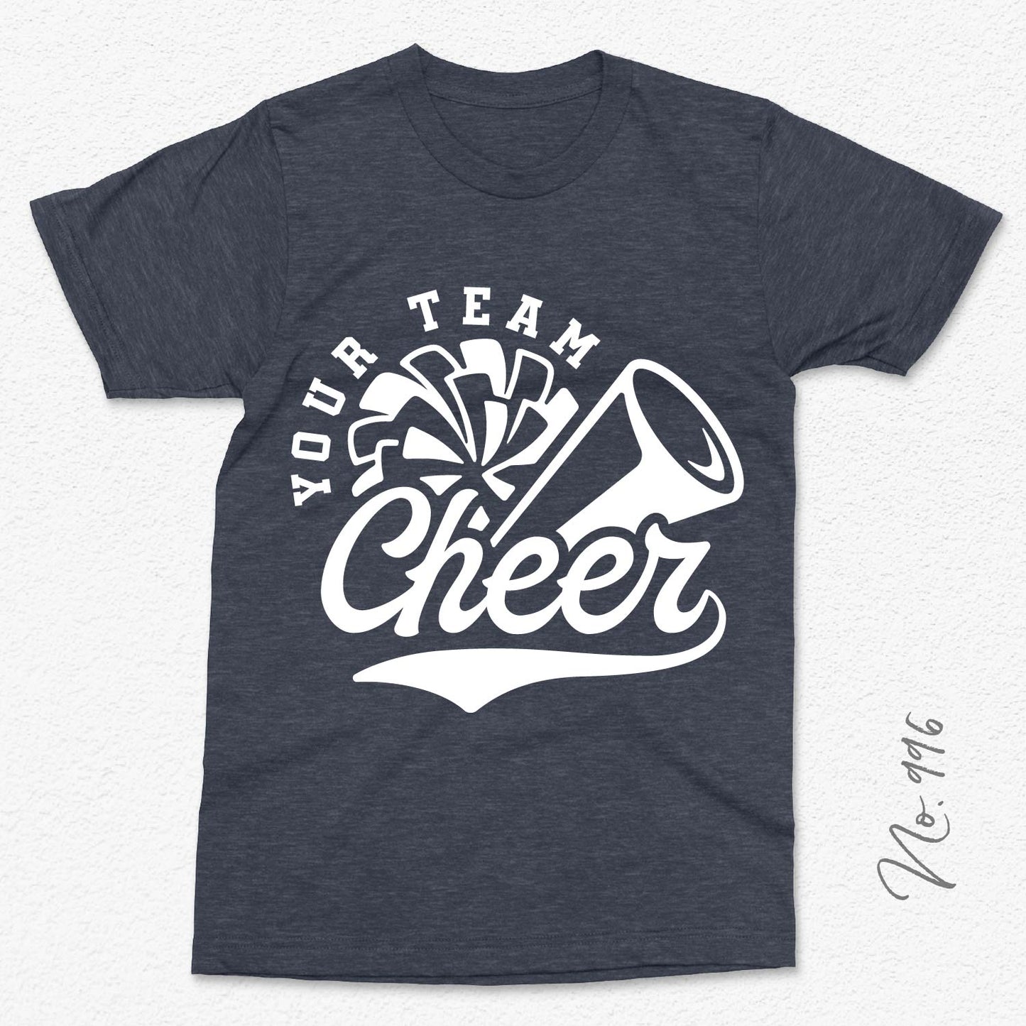 Customizable cheer team t-shirt with megaphone and pom pom design, "Your Team Cheer" printed in white on a dark fabric background.