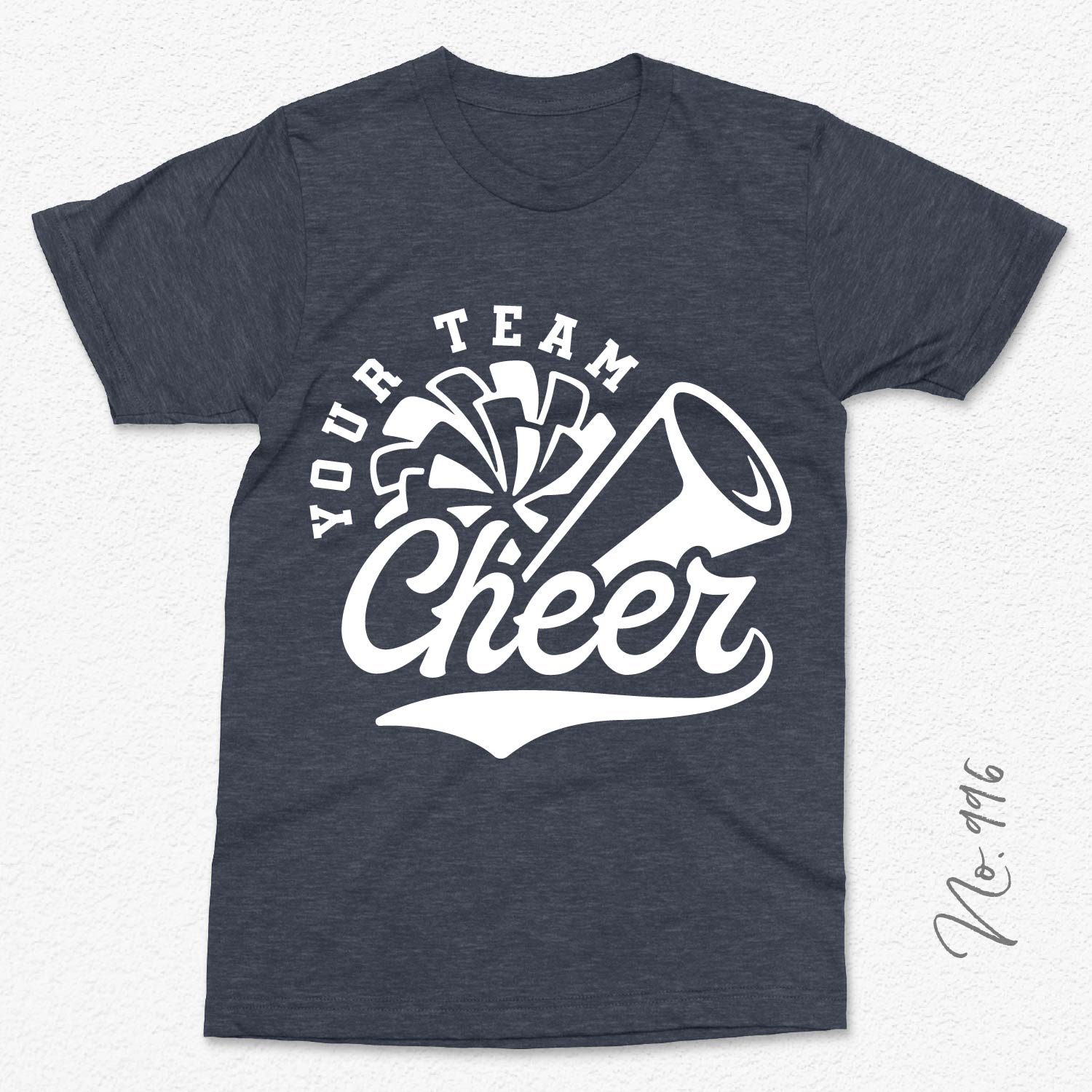Customizable cheer team t-shirt with megaphone and pom pom design, "Your Team Cheer" printed in white on a dark fabric background.