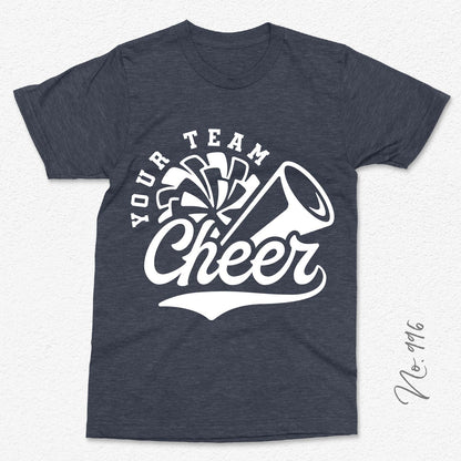 Customizable cheer team t-shirt with megaphone and pom pom design, "Your Team Cheer" printed in white on a dark fabric background.