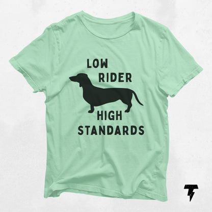Mint green t-shirt featuring a dachshund silhouette with 'Low Rider High Standards' text, perfect gift for dog lovers.