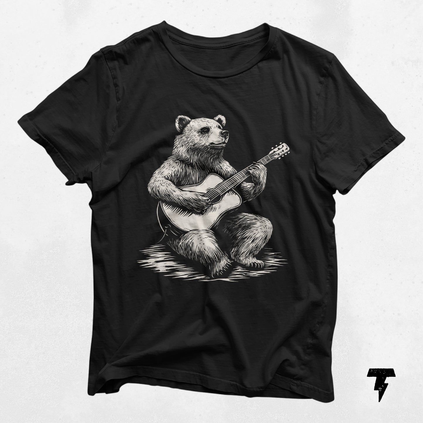 Bear playing guitar design on black t-shirt, perfect gift for guitarists and musicians. Lightweight cotton with comfortable fit.