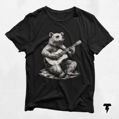 Bear playing guitar design on black t-shirt, perfect gift for guitarists and musicians. Lightweight cotton with comfortable fit.