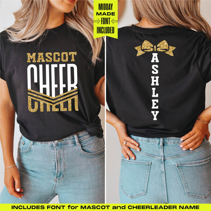 Elegant cheerleader shirts with gold font featuring mascot and name personalization, perfect for team spirit apparel.