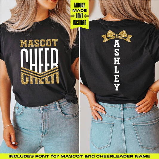 Elegant cheerleader shirts with gold font featuring mascot and name personalization, perfect for team spirit apparel.