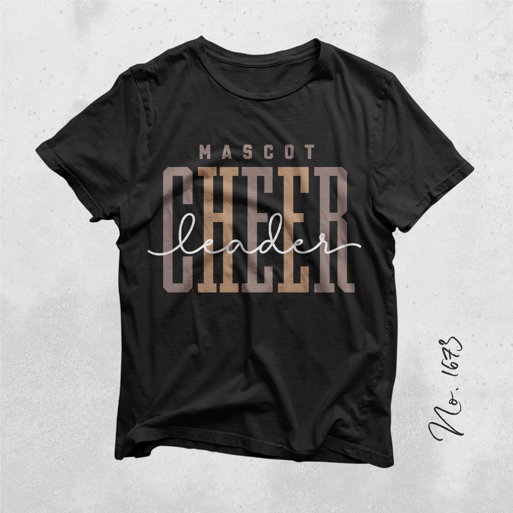 Black t-shirt with 'Mascot Cheer Leader' text in stylish font for team spirit gear.