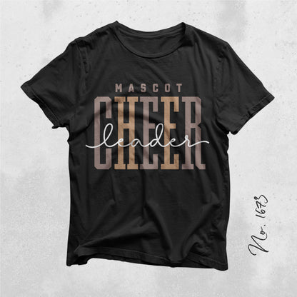 Black t-shirt with 'Mascot Cheer Leader' text in stylish font for team spirit gear.