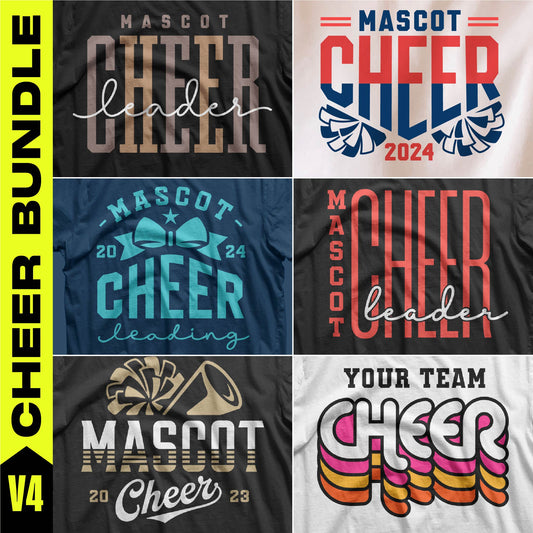 Cheer Bundle Team Templates V4 featuring collegiate designs in SVG, PNG, DXF, EPS formats for team spirit gear creation.