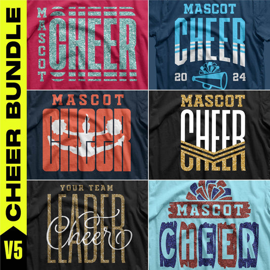 Cheer Bundle v5 SVG PNG designs featuring collegiate style for team spirit gear, including team mascot and year graphics.