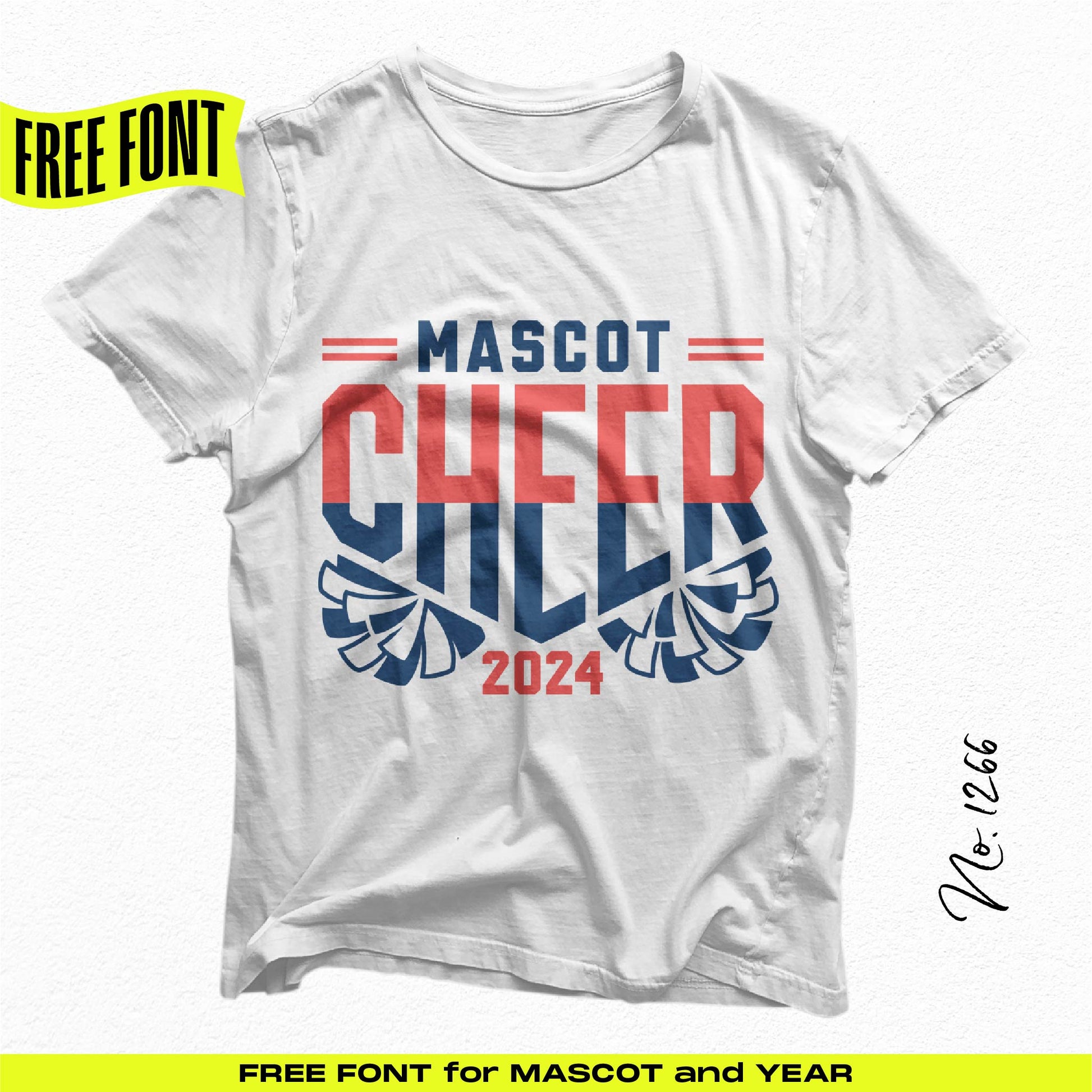 Masculine cheer t-shirt design with 'Mascot Cheer 2024' in red and blue, featuring bold text and wing graphics.