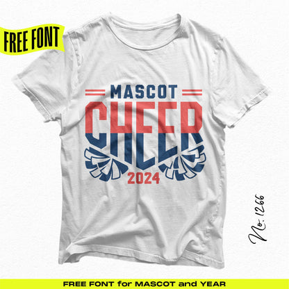 Masculine cheer t-shirt design with 'Mascot Cheer 2024' in red and blue, featuring bold text and wing graphics.