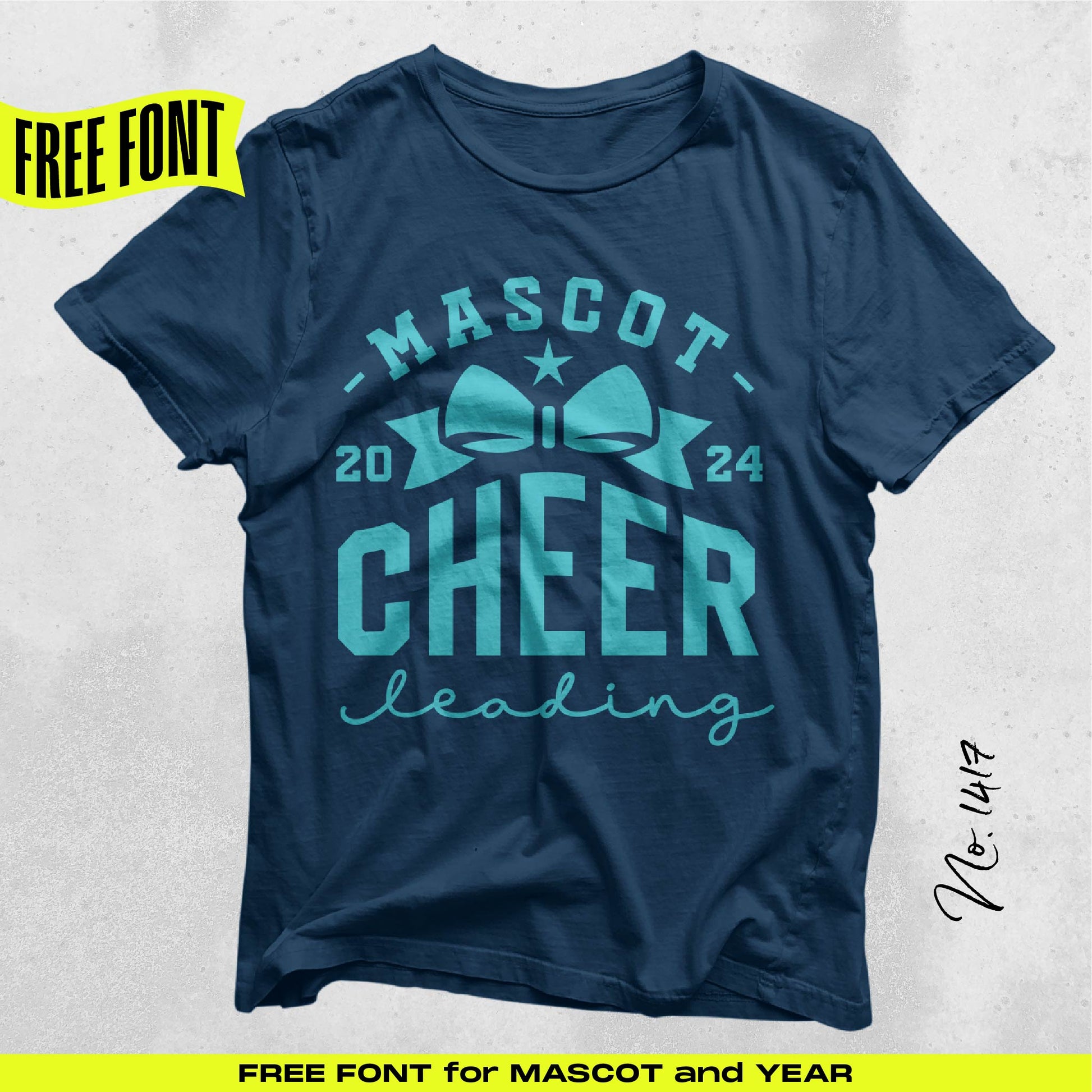 Elegant cheerleading SVG template on navy shirt with bold typography and bow design, ideal for team spirit apparel creation.