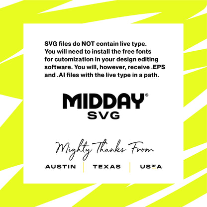 Midday SVG file information with customization instructions, including font installation from Austin, Texas, USA, on neon background.