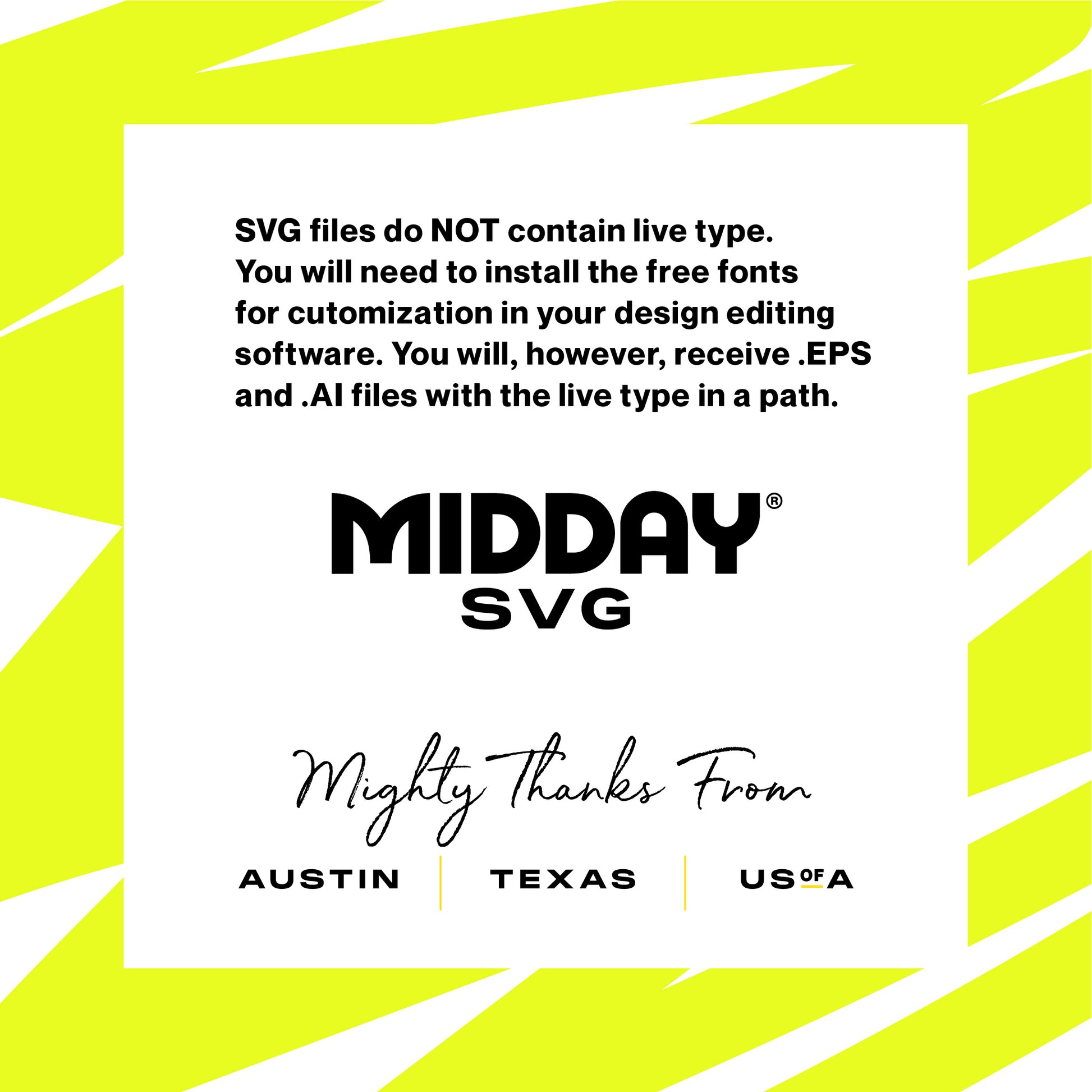 Midday SVG file description with customization instructions and thanks from Austin, Texas.