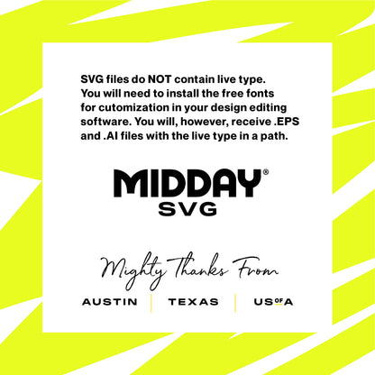 Midday SVG notice about file types and customization options in bright design with Austin Texas USA mention.