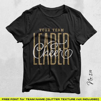 Black t-shirt with stylish ‘Leader Cheer’ design in collegiate gold and white lettering, perfect for team spirit gear. Free font included.