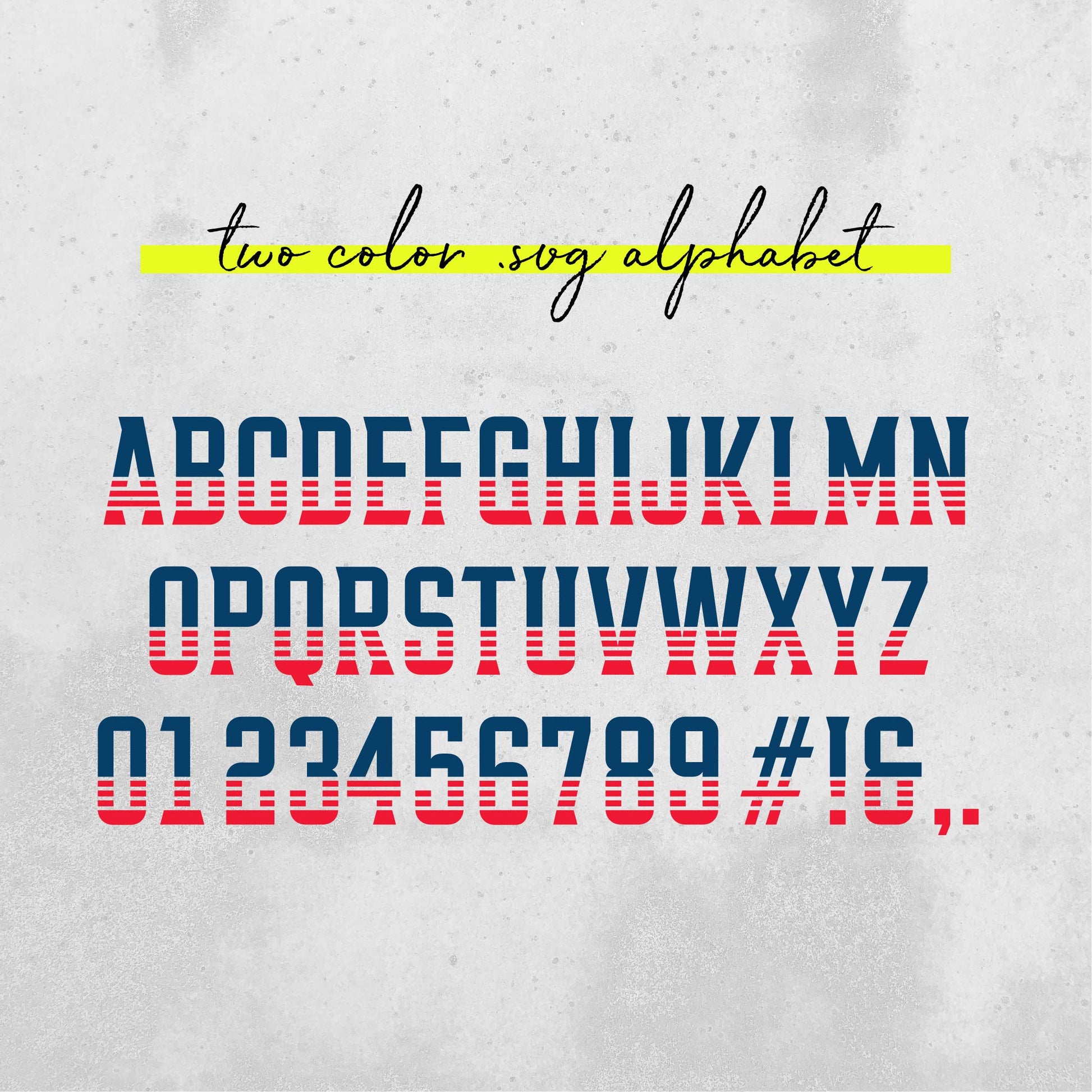 Two-color SVG alphabet with blue and red striped letters, numbers 0-9, and symbols on a gray background.