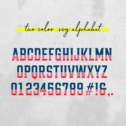 Two-color SVG alphabet with blue and red striped letters, numbers 0-9, and symbols on a gray background.