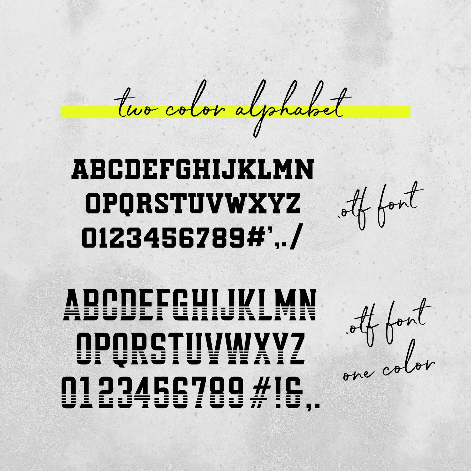 Two color alphabet font collection with numbers and symbols, available in .otf format for creative design projects.