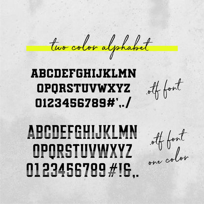 Two color alphabet font collection with numbers and symbols, available in .otf format for creative design projects.