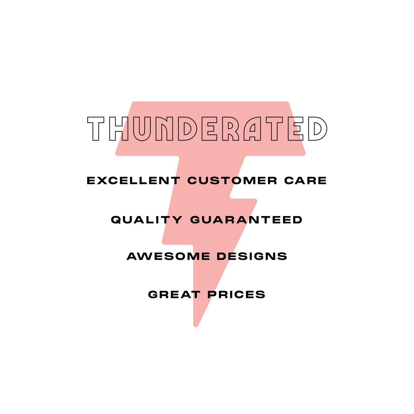 Thunderated logo with text: Excellent customer care, quality guaranteed, awesome designs, great prices, pink lightning bolt.