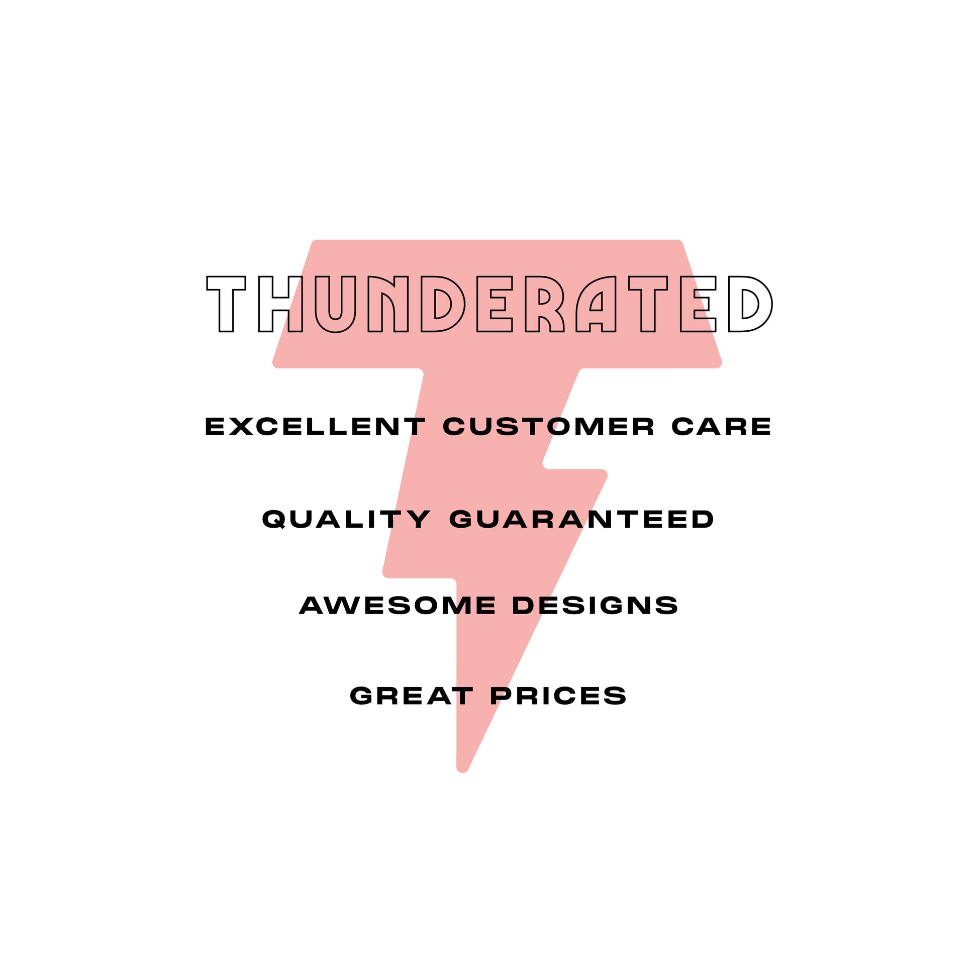 Thunderated graphic with pink lightning bolt symbol; highlights excellent customer care, quality guaranteed, awesome designs, great prices.