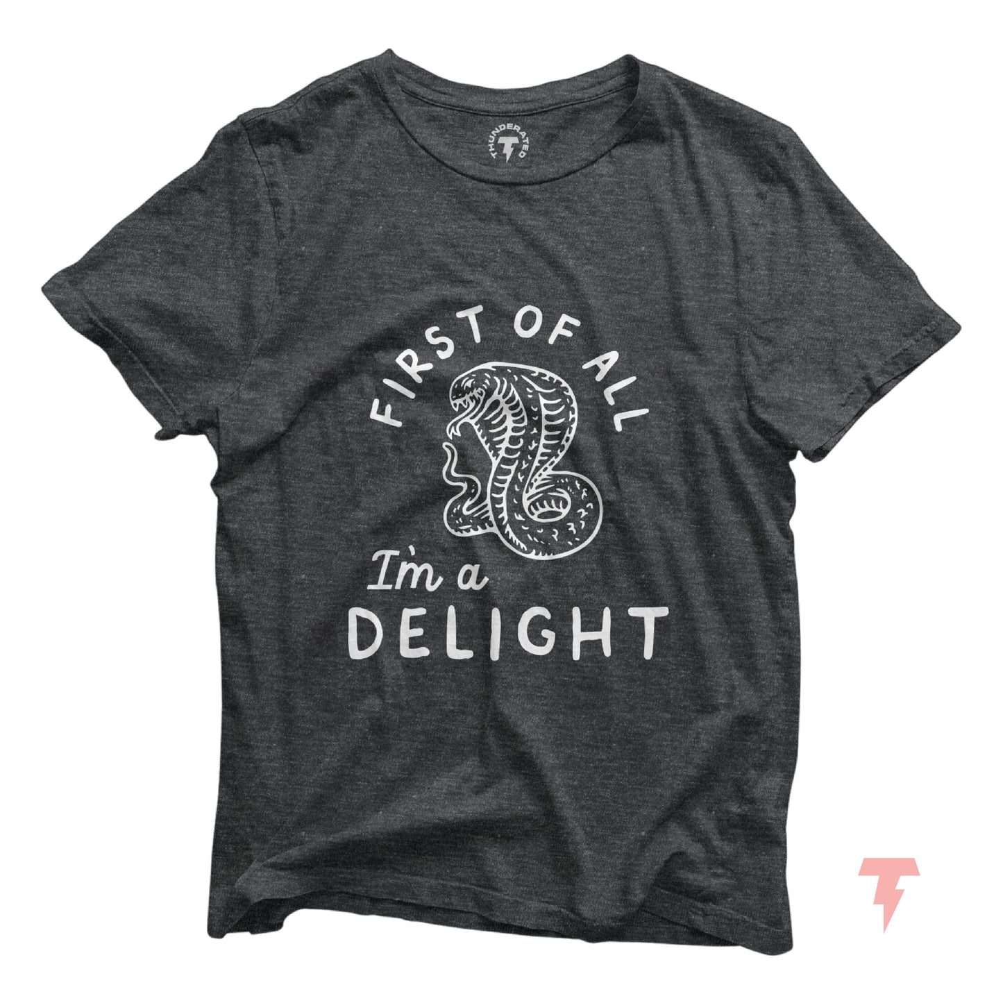 Funny cobra t-shirt with 'First of all I'm a delight' text, unisex jersey short sleeve, soft cotton by Bella+Canvas.