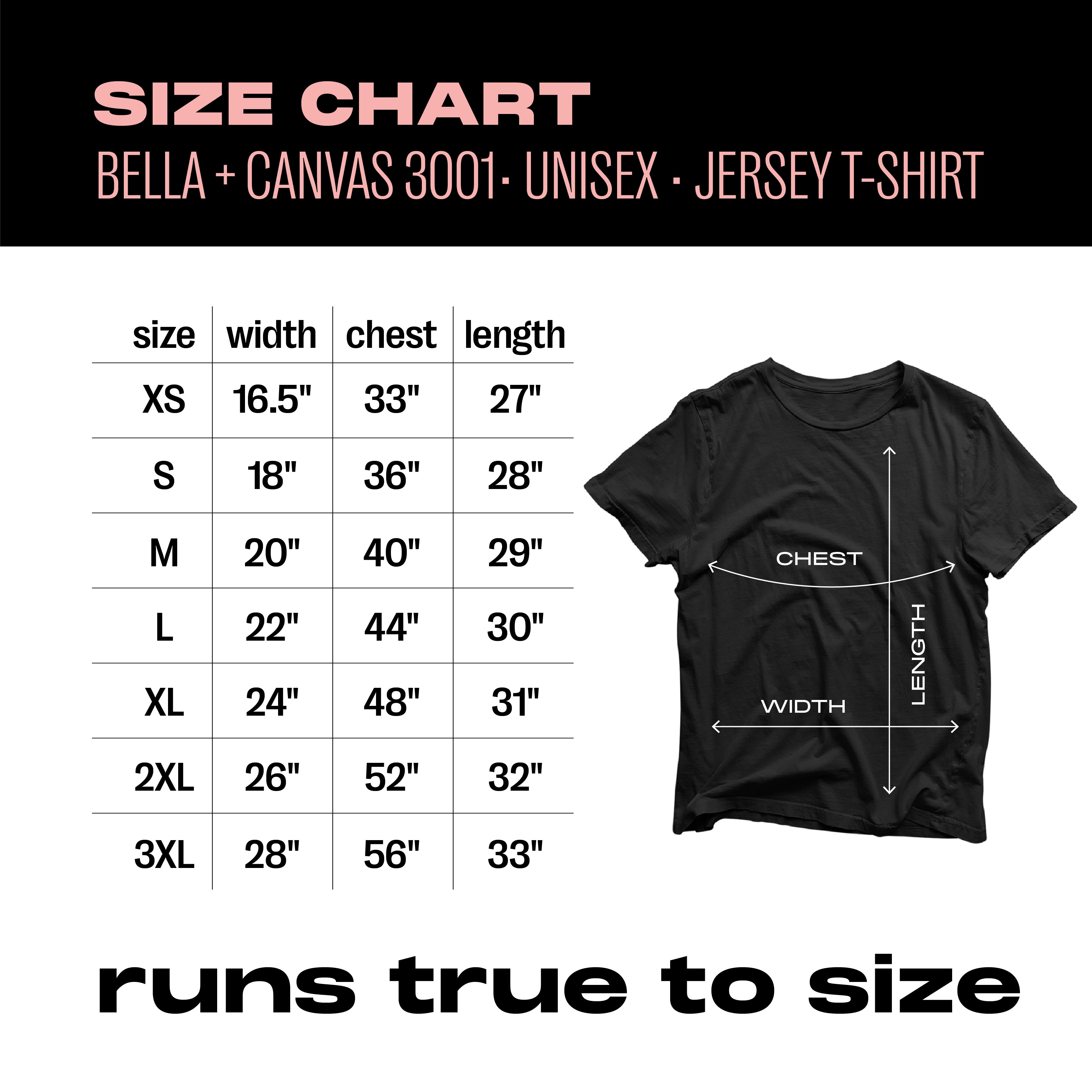 Bella+Canvas 3001 Unisex Jersey T-Shirt Size Chart with measurements for XS to 3XL, showcasing chest, width, and length dimensions.