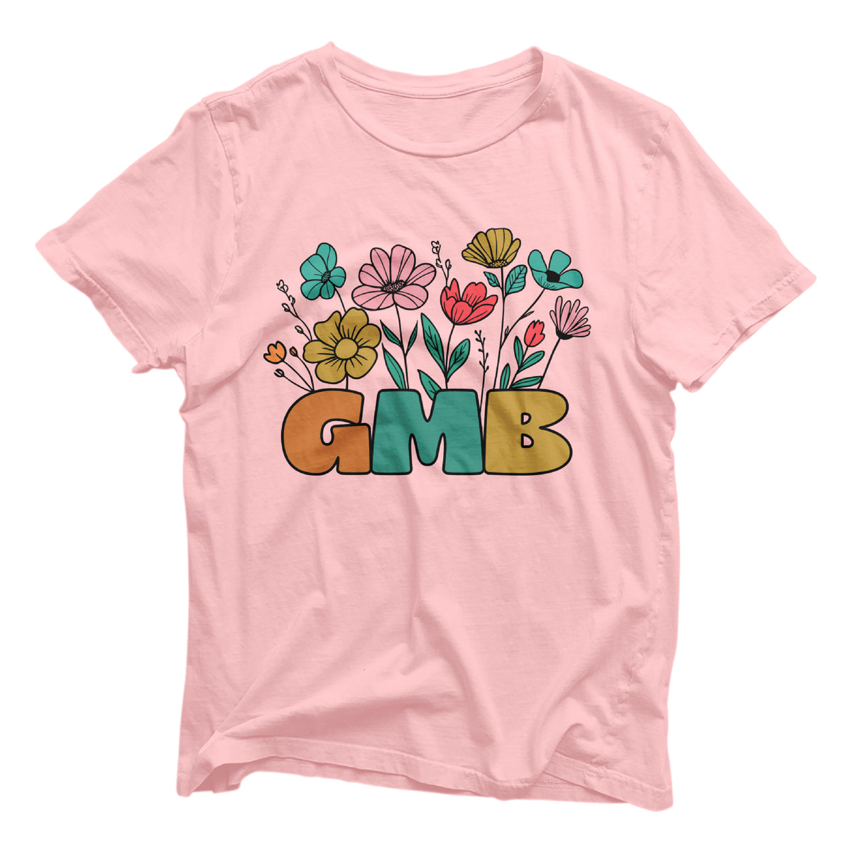 Unisex pink tee with 'GMB' and floral print, made from soft Airlume cotton, offering comfort and style by Bella+Canvas.